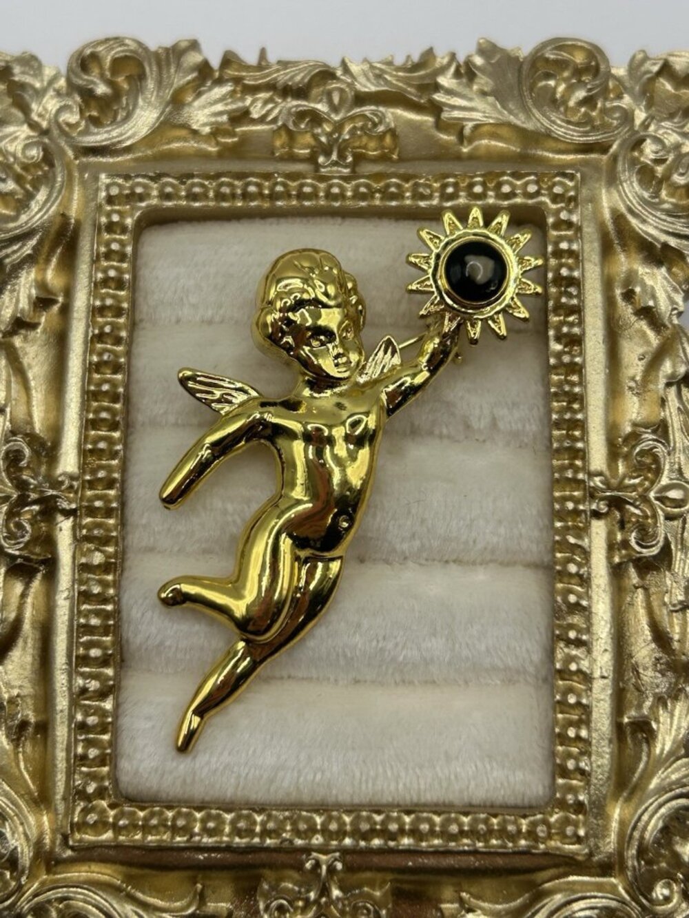 Gold Tone Angel Cherub Pin Brooch with Stone Pebble Relic Reliquary Christmas
